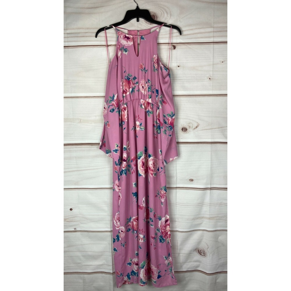 Everly Dress Womens S Pink Floral Maxi Cold Shoulder Long Sleeve Keyhole Woven